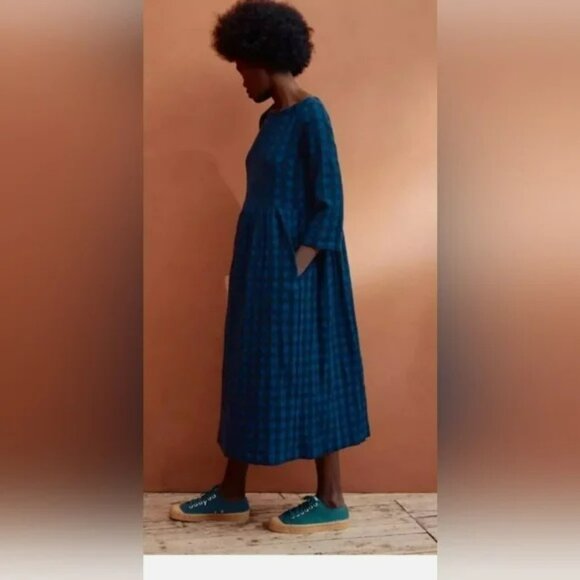TOAST Navy Plaid Freya Crinkle Dress - Picture 1 of 12